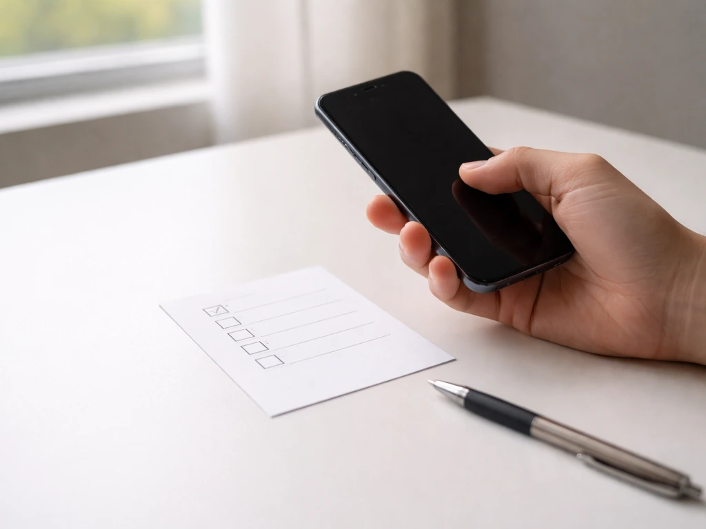 Minimal photo of a hand holding a smartphone with a simple checklist on paper beside it