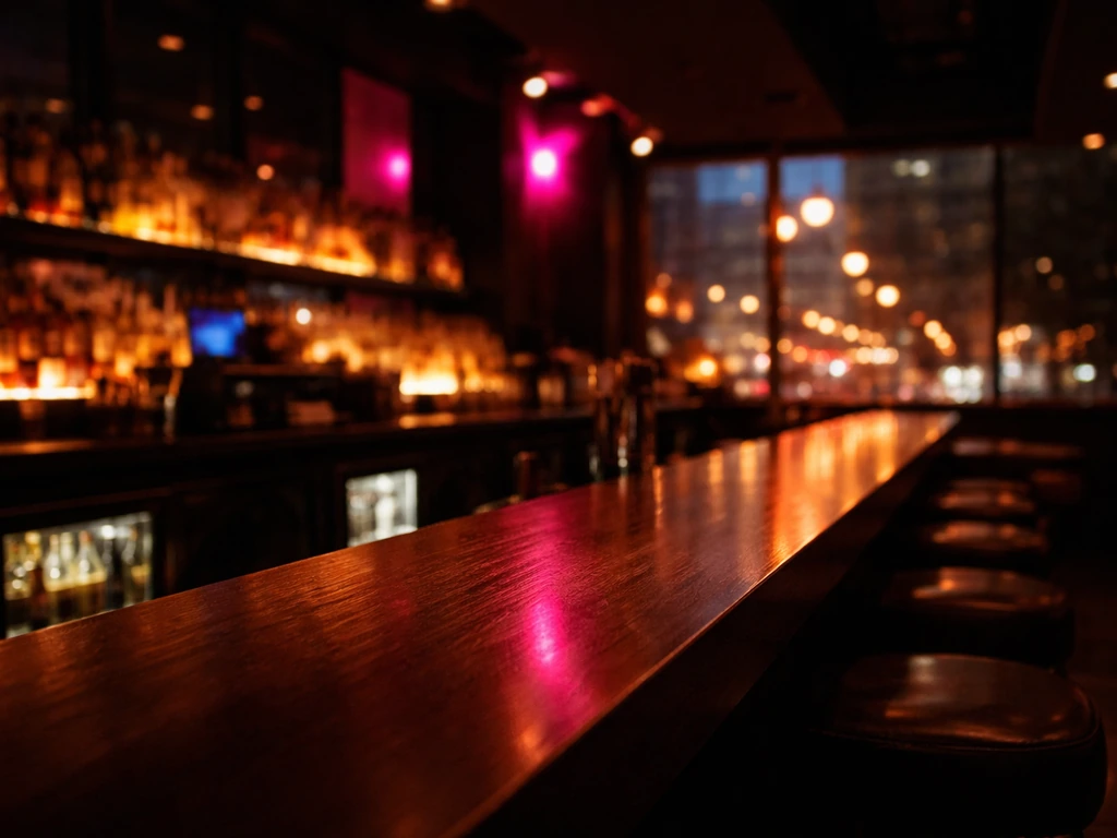 Toronto nightlife scene with warm club lights and an owner-like ambience at a bar counter at dusk.