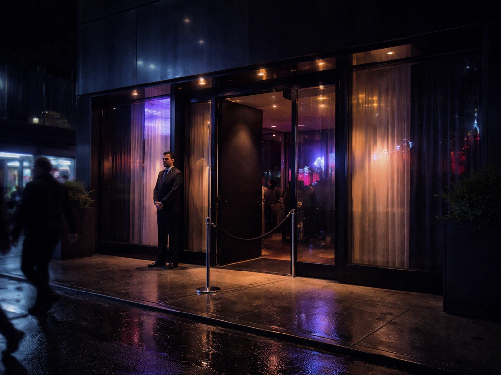 Nightclub entrance with colored lights and wet sidewalk, suggesting Toronto nightlife venue atmosphere.