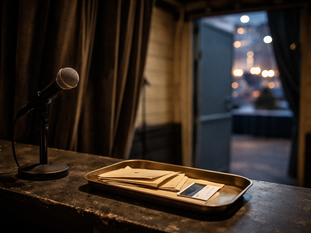 A microphone and cash envelopes on a tray in a quiet nightlife venue office with blurred city lights.