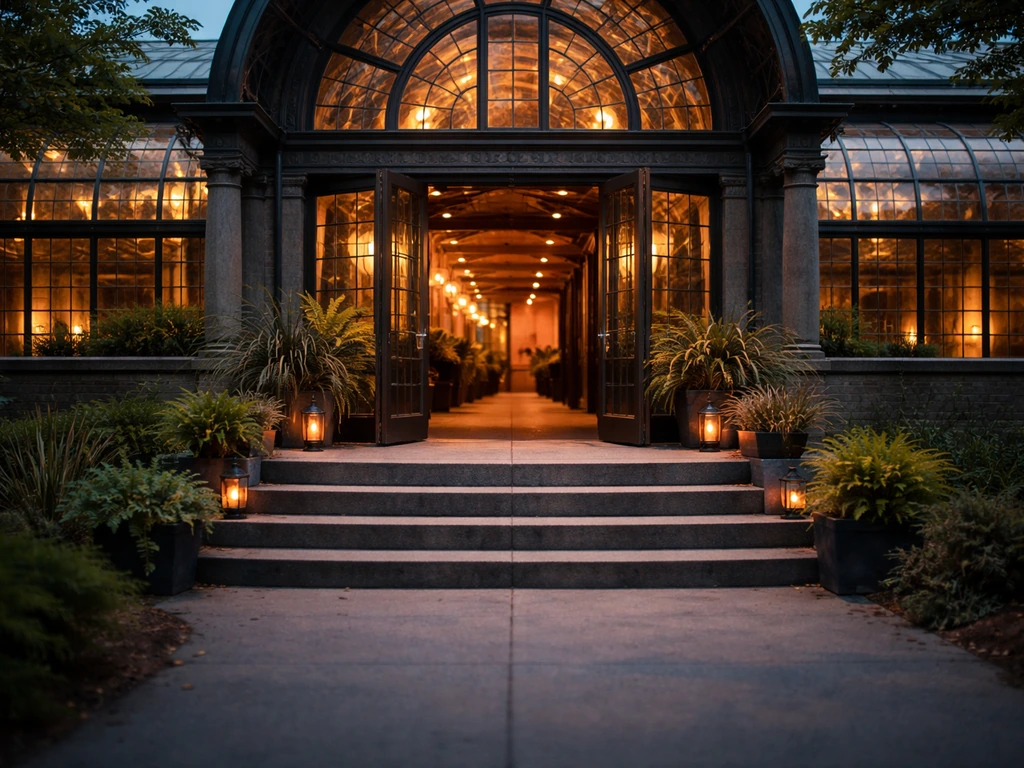 Warm-lit modern club entrance at a historic venue, with plants and open glass doors at dusk.
