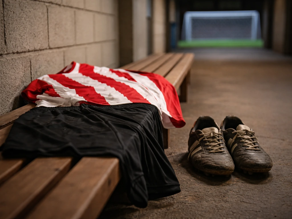 Football kit and worn boots on a bench in a quiet stadium corridor.