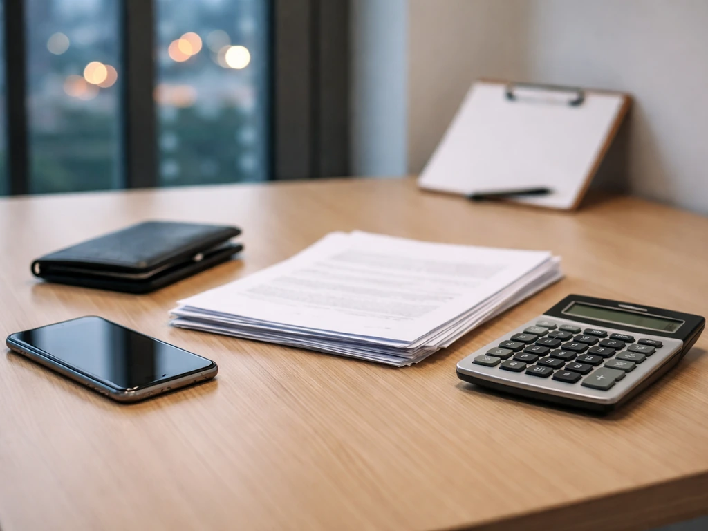 Minimal desk scene with anonymous documents, calculator, and smartphone implying wealth calculation inputs.