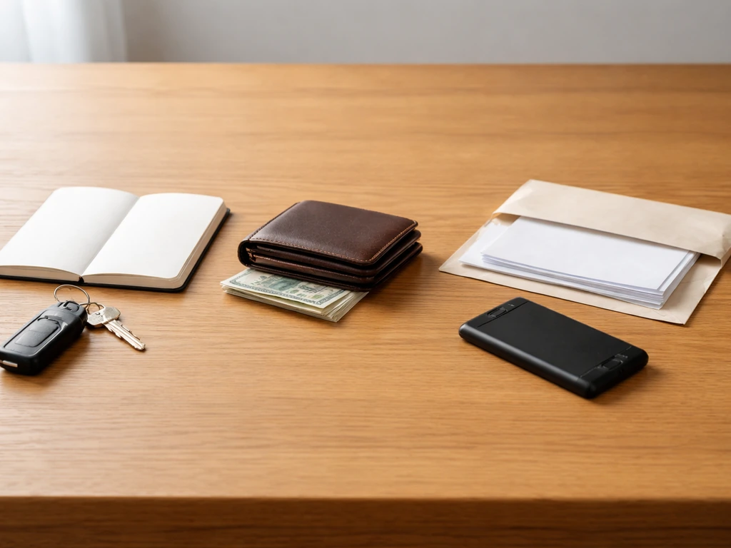 Minimal photo of a desk with a house key, car key, wallet, and envelope beside scattered cash