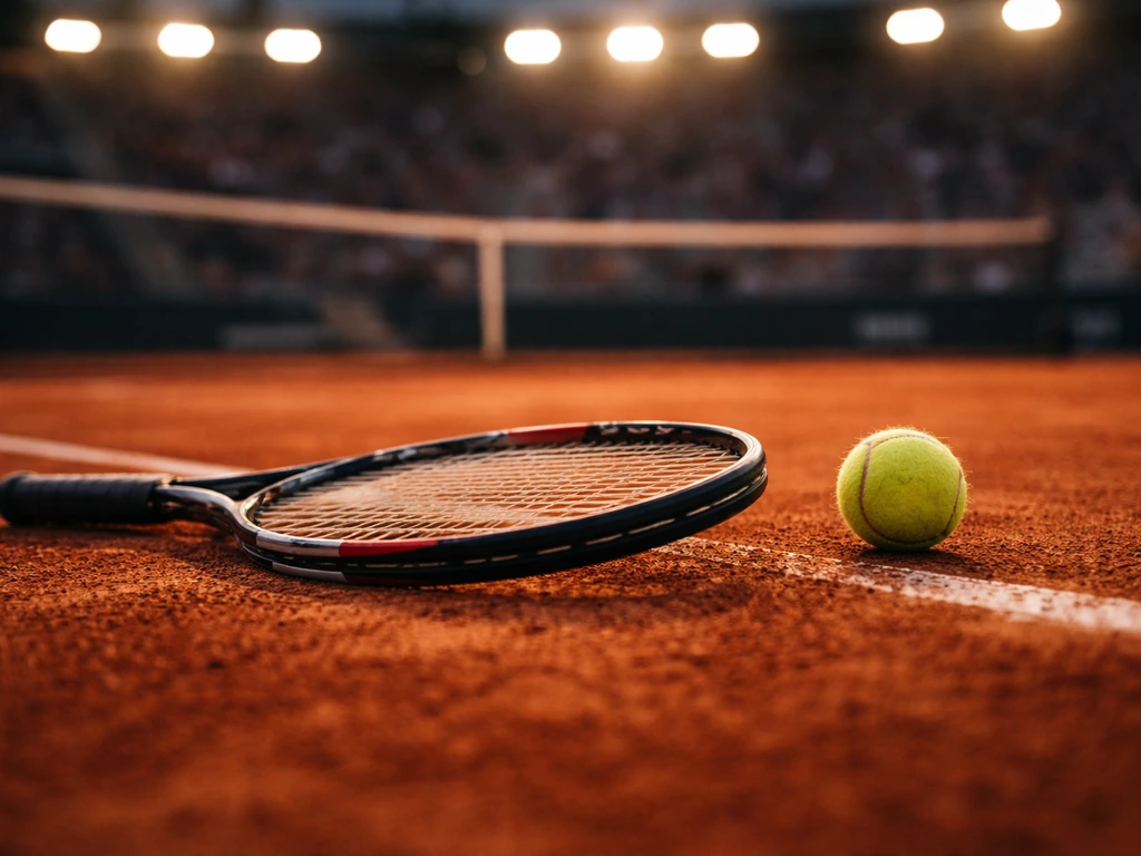Tennis racket and ball on a clay court near blurred stadium lights, symbolizing pro tennis earnings