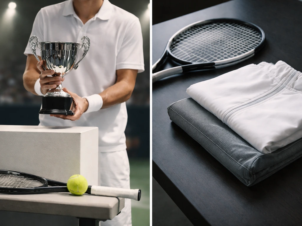 Minimal split scene showing a tennis prize moment on one side and anonymous sponsorship gear on the other.