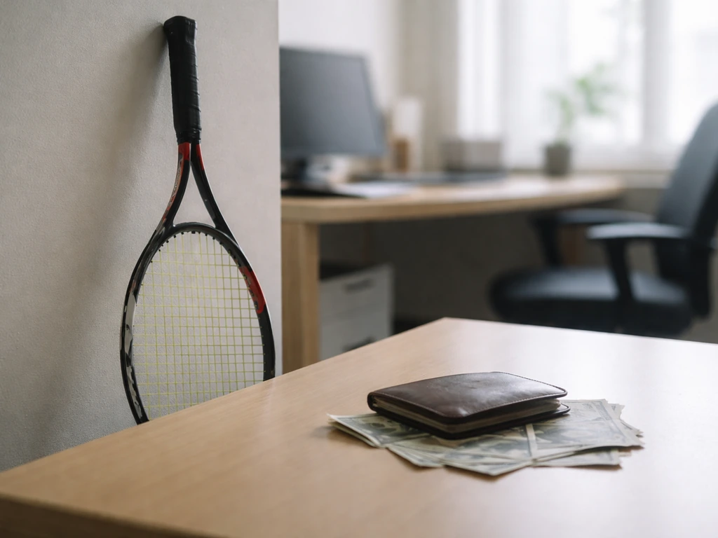 Minimal photo of a tennis racket resting beside a leather wallet and cash in a quiet office setting.