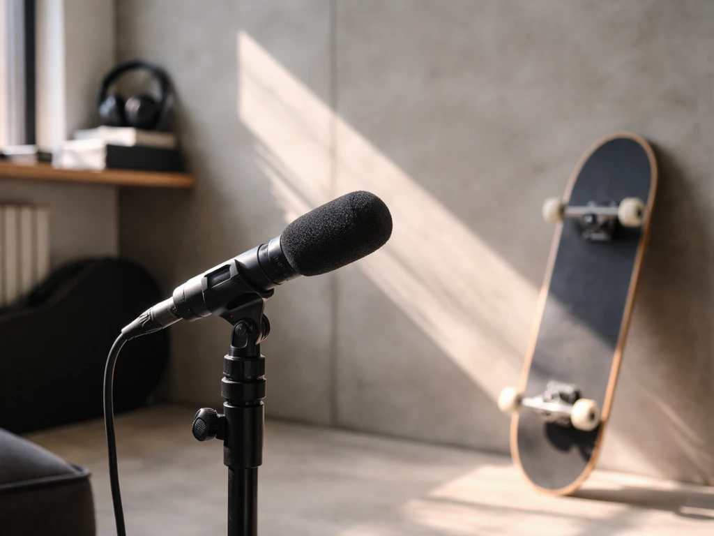 Minimal photo of a film set microphone and a skateboard leaning against a studio wall, symbolizing fame and net worth se