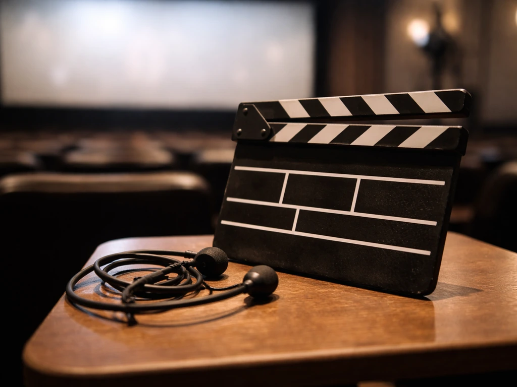 Clapperboard and motion-capture headset mic on a desk with a softly blurred theater screen