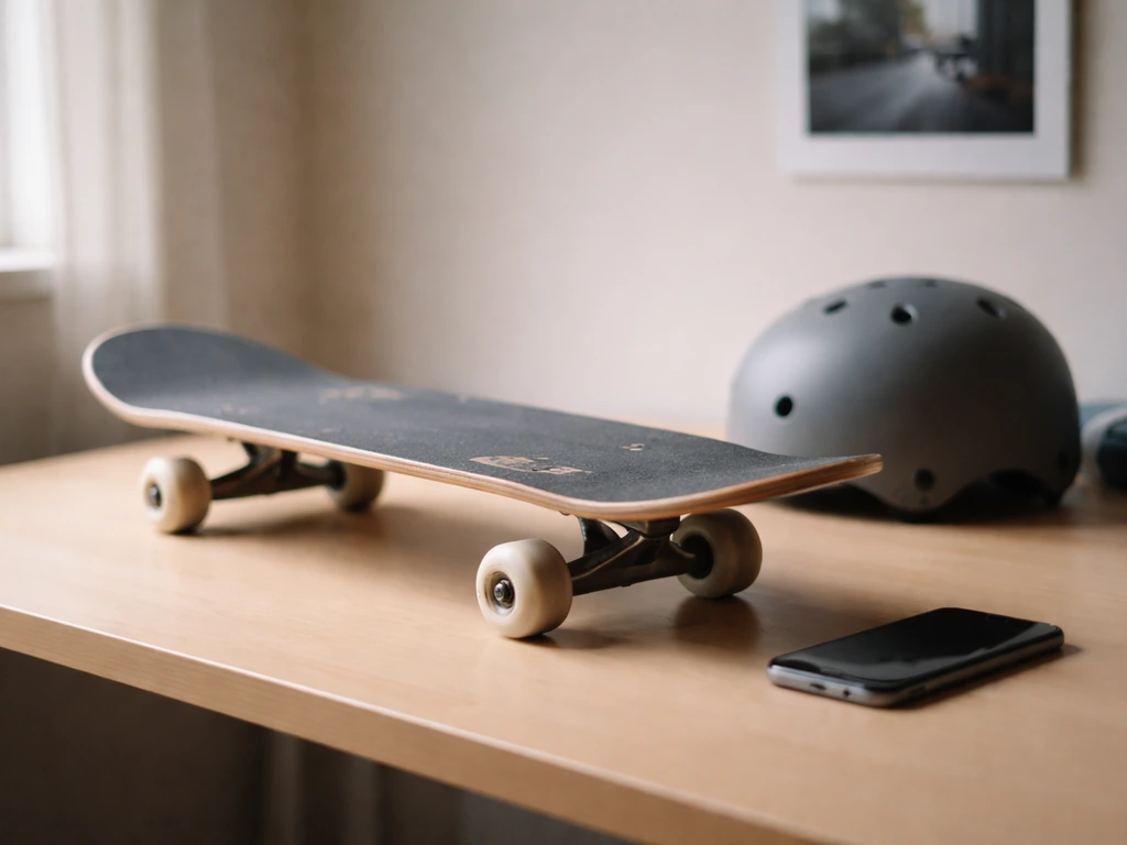 Skateboarding sponsorship feel: skateboard on a studio desk beside a smartphone and helmet