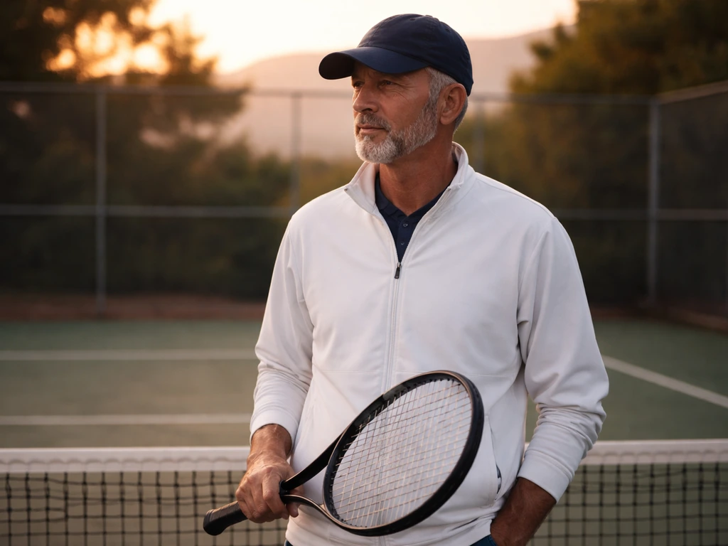 Anonymous tennis coach holding a racket on a quiet outdoor court at golden hour.