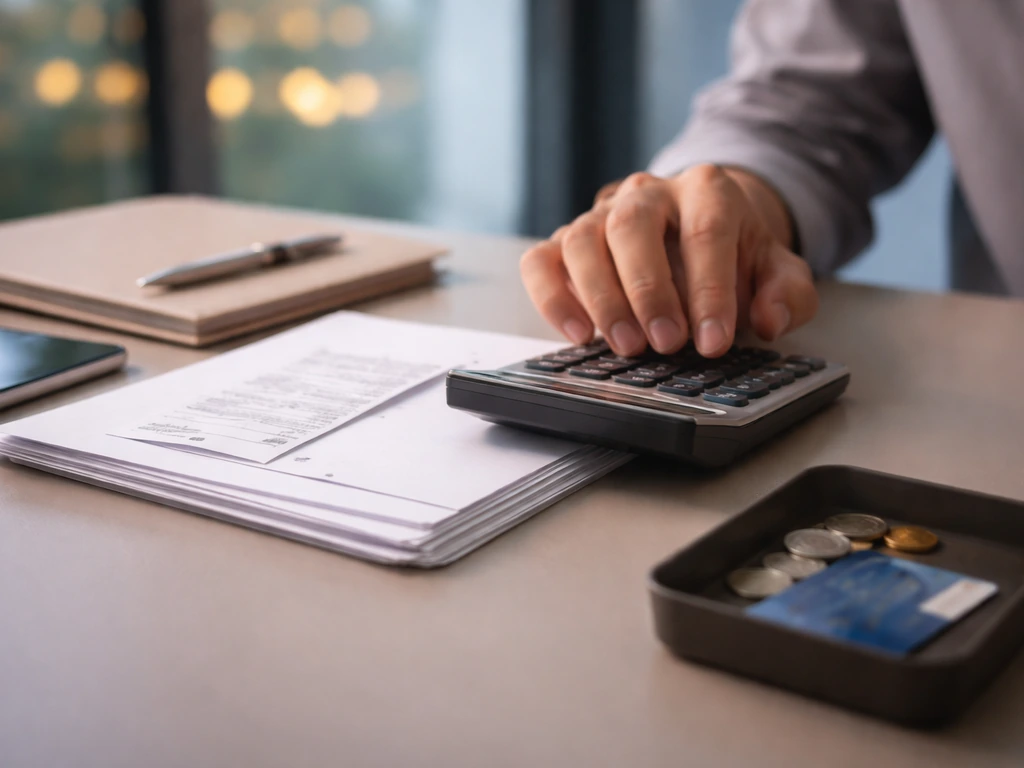 Hands at a simple desk with calculator, documents, and coins suggesting public income estimate calculations.