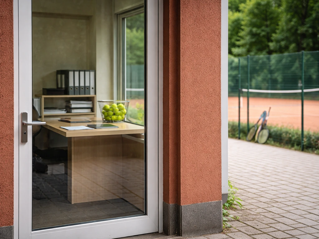 Minimal view of a tennis academy office window and training courts, suggesting a business asset investment