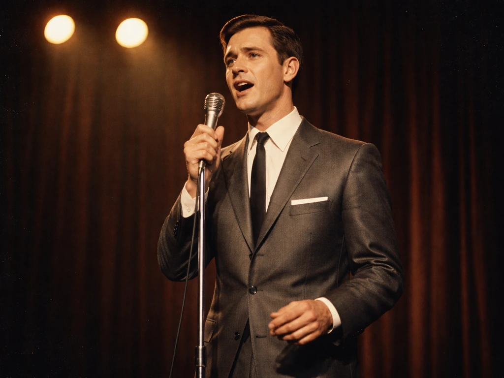 Archival-style photo of a 1960s Croatian pop singer performing on a small stage with vintage microphone