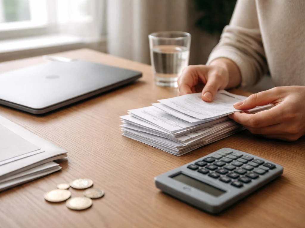 Hands organizing financial documents and coins on a desk beside a calculator and laptop, suggesting net worth estimation