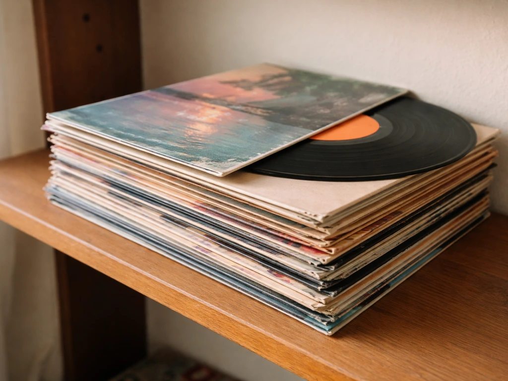 Close-up of vintage Croatian pop vinyl records on a simple shelf, evoking physical record sales and royalties.