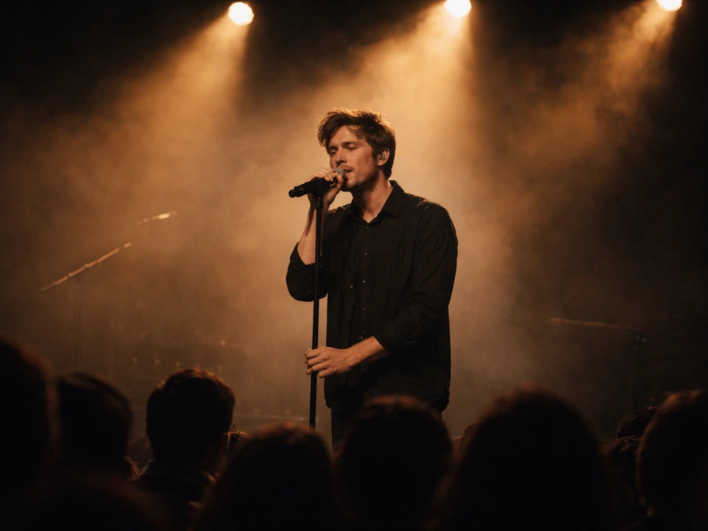 Musician performing live on a small concert stage with a microphone under warm spotlight.
