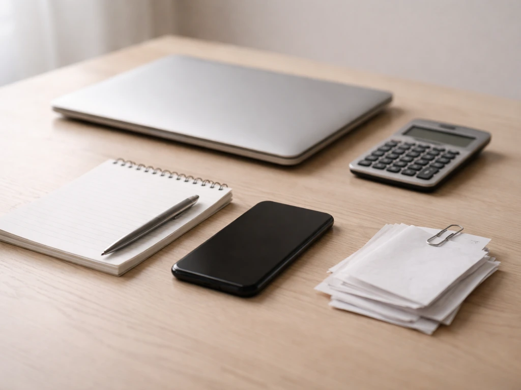 Minimal photo of an anonymous desk setup with a notepad and calculator symbolizing estimated wealth sources
