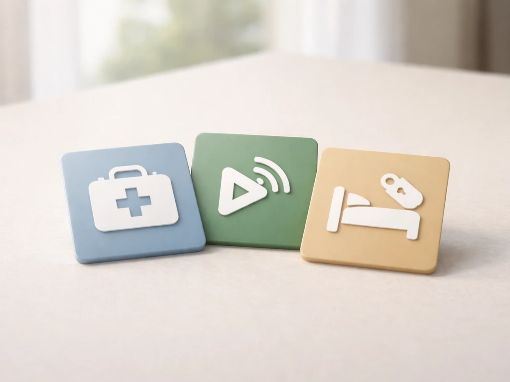 Minimal desk scene with three distinct icon-like tiles representing healthcare, media, and hospitality wealth categories