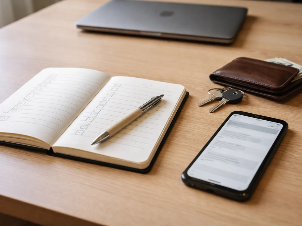 Minimal office desk with notebook checklist, smartphone, and pen suggesting database verification workflow.