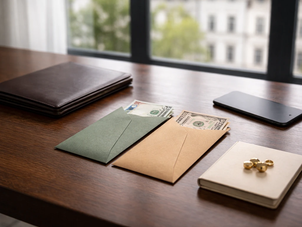 Minimal desk scene with money envelopes and a phone, symbolizing a finance net-worth estimate range.