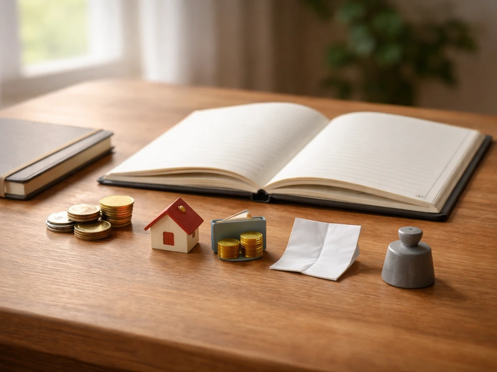 Minimal office desk ledger scene with money and icons for assets, investments, taxes, and liabilities.