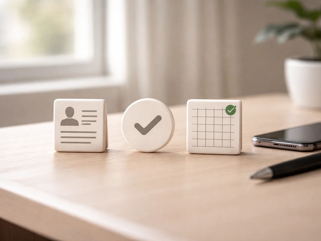 Minimal desk scene with three blank verification-style cards and a document for cross-checking estimates.