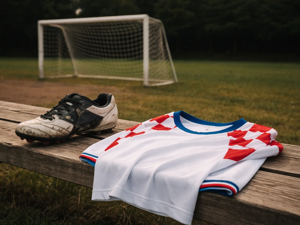 Worn football boot and a right-back jersey on a bench beside a small goal net in natural light.
