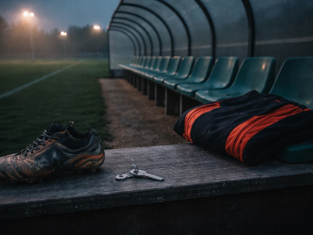 Empty football bench and folded tracksuit with worn boot in a misty dusk stadium glow.