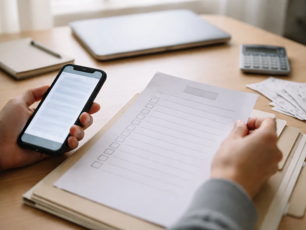 Hands reviewing verification checklist items on a desk with a glowing phone screen, no readable text.