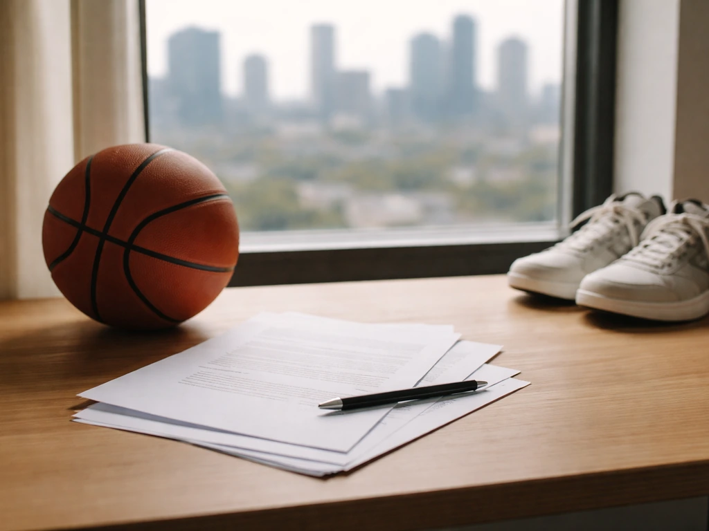 Close-up of an anonymous athlete’s contract papers and a basketball on a desk with a city skyline outside.