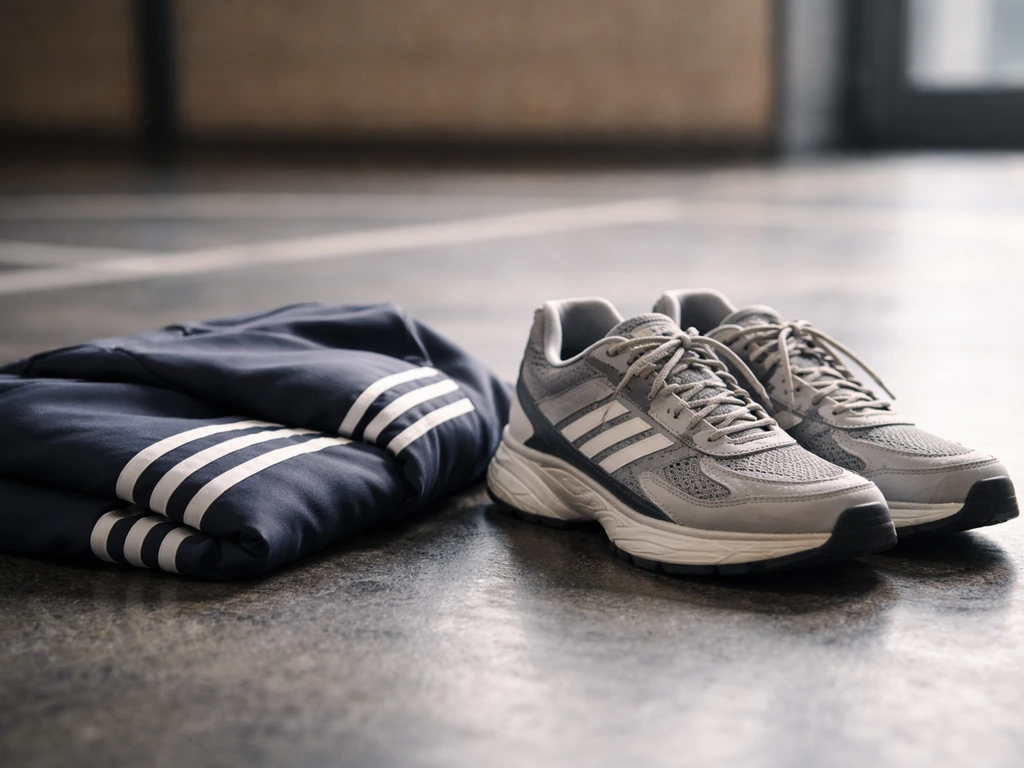 Close-up of Adidas-style sneakers and athletic apparel on a clean sports floor, suggesting an endorsement deal