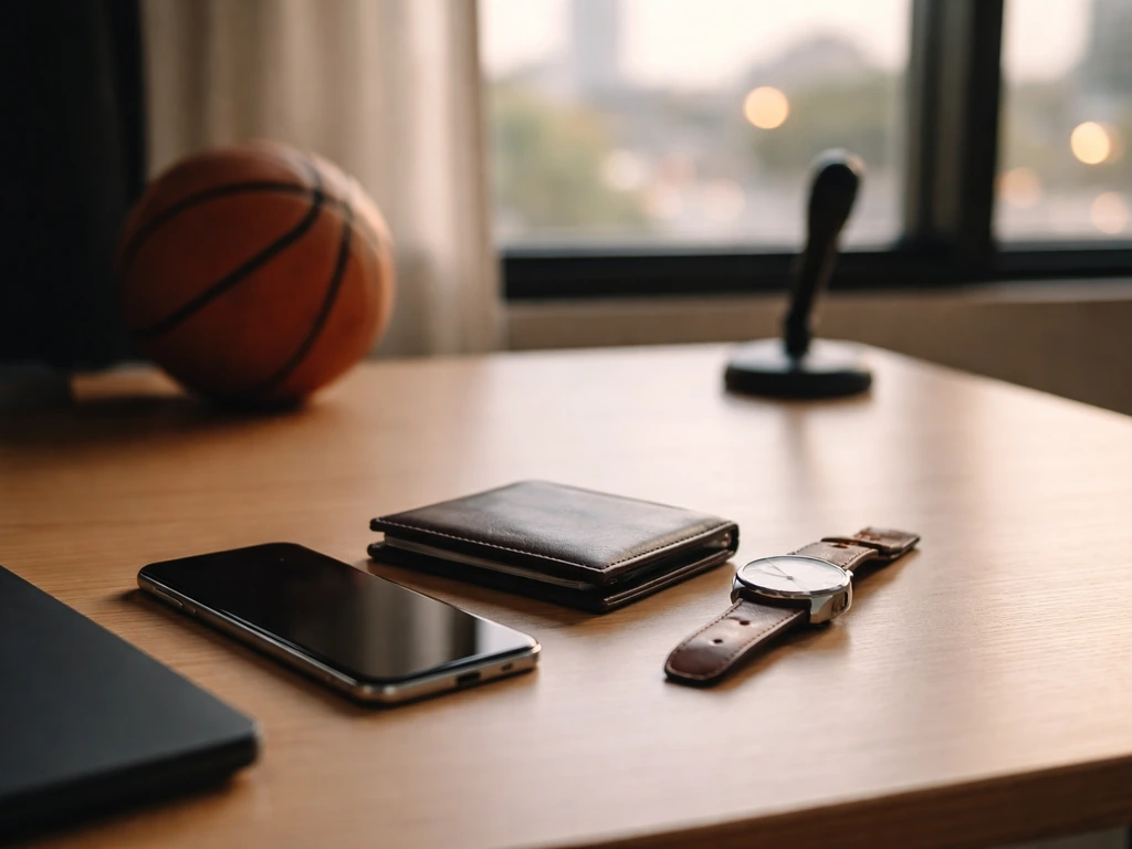 Minimal desk scene with wallet, smartphone, watch, and basketball hinting at career-to-earnings milestones.