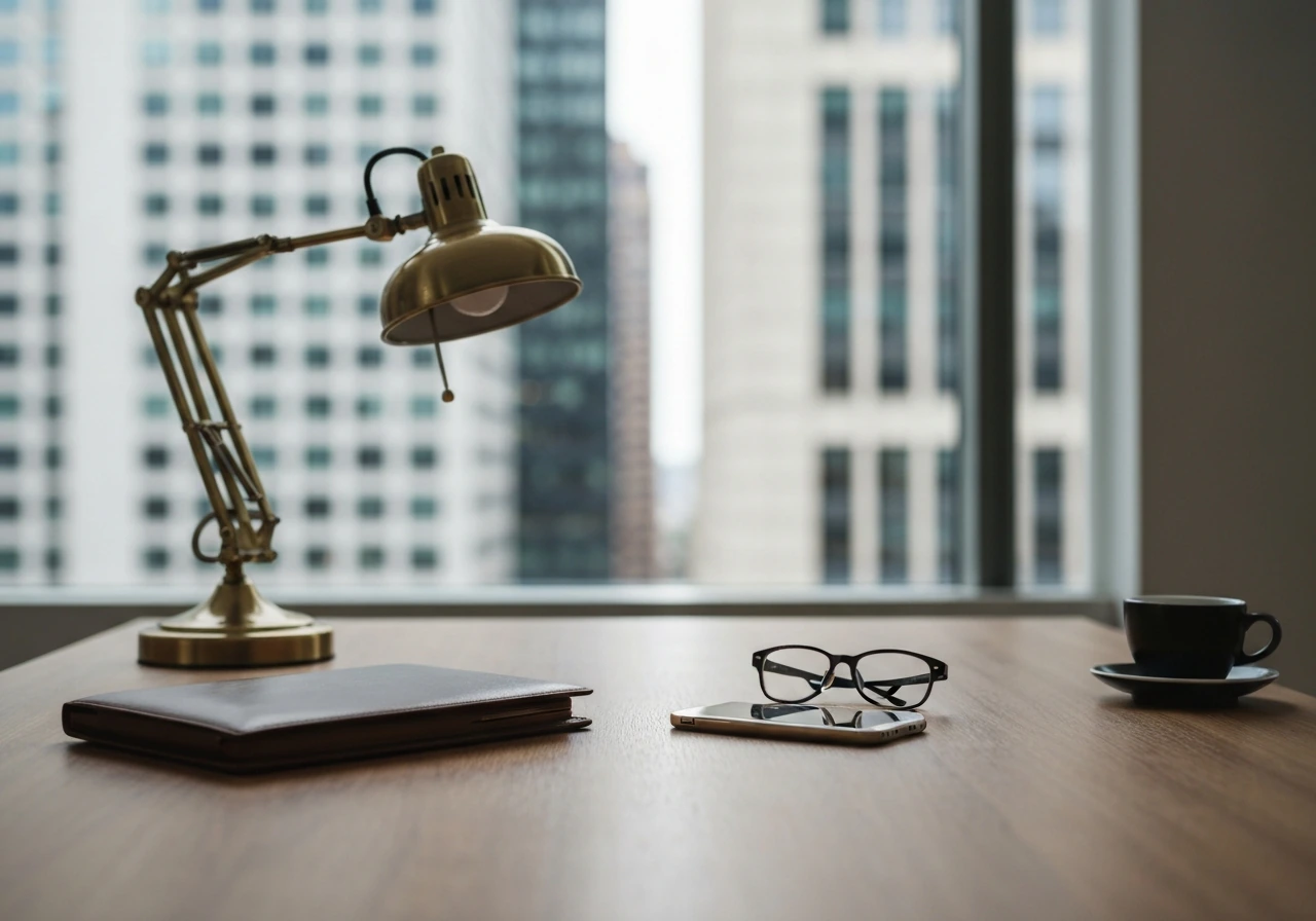 Minimal modern office desk with portfolio and smartphone, symbolizing business net worth analysis.