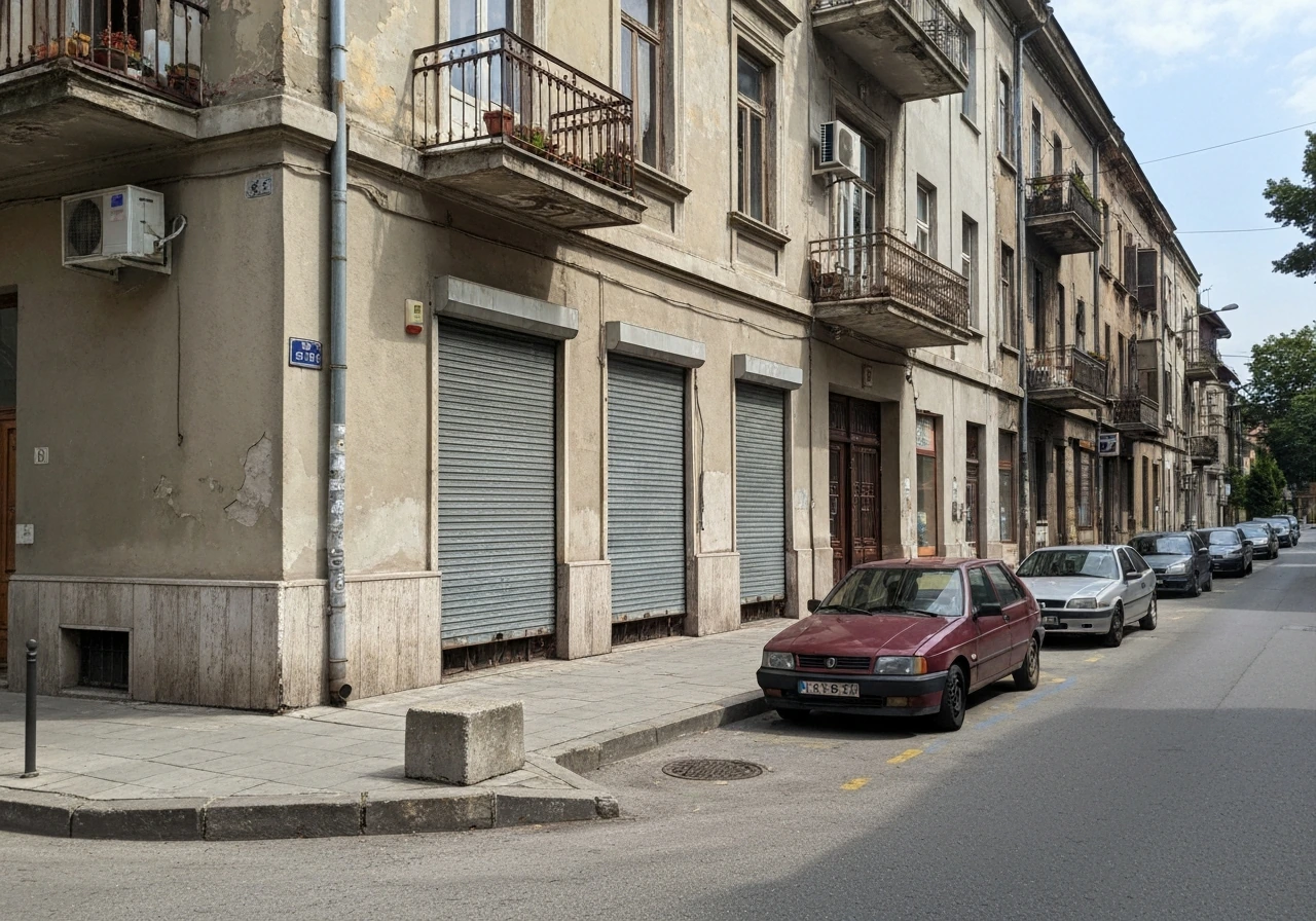 Street-level Belgrade scene with a 1990s-era storefront and parked car in soft daylight