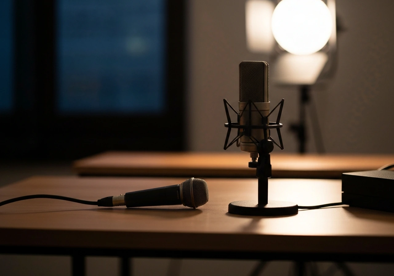 Minimal shot of an anonymous TV studio microphone with a blurred documentary poster backdrop