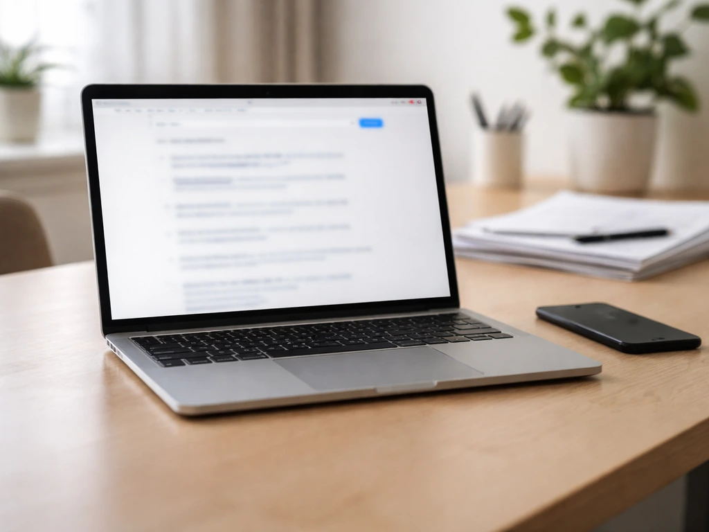 Minimal office desk scene with a laptop showing blurred, unreadable search results and documents for verification.