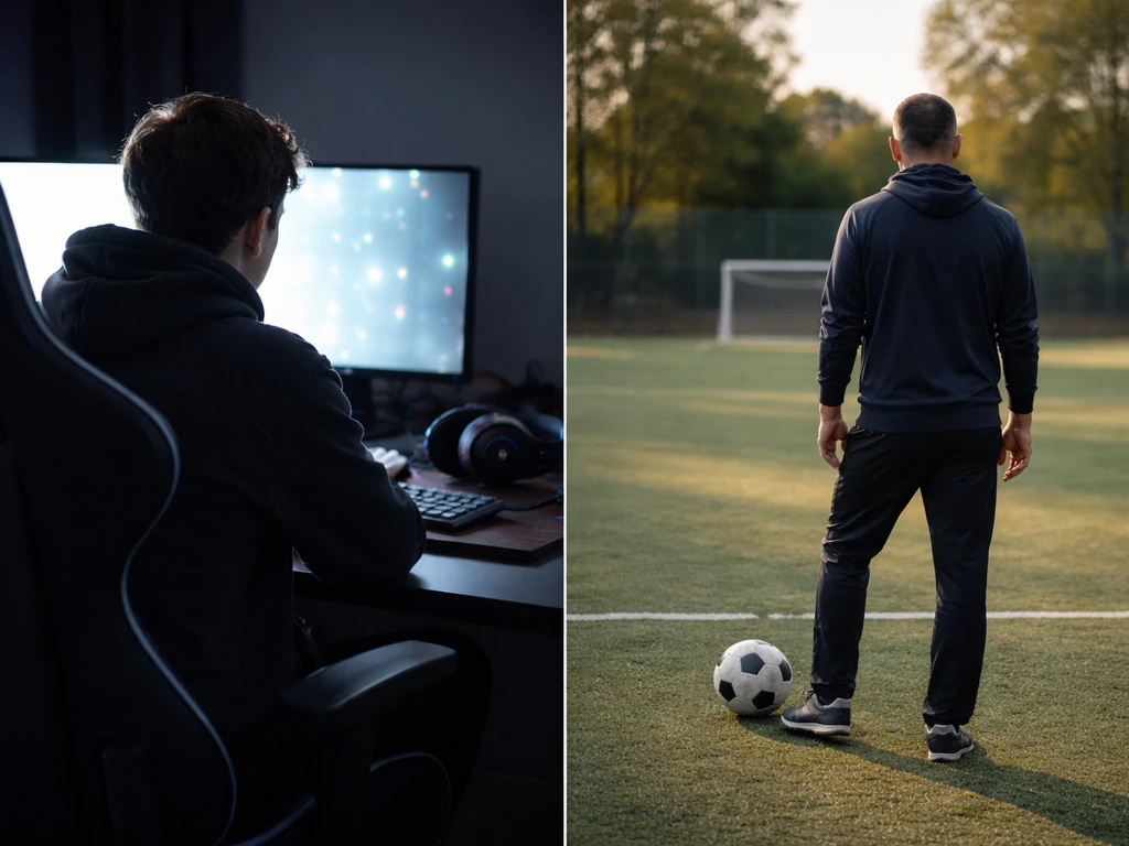 Two anonymous men shown side-by-side: esports gaming desk left, soccer pitch right with a ball at their feet.