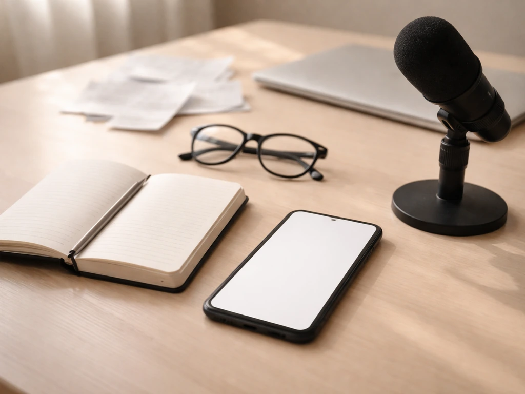 Minimal desk scene with smartphone, notebook, and microphone suggesting earnings analysis for net worth estimates.