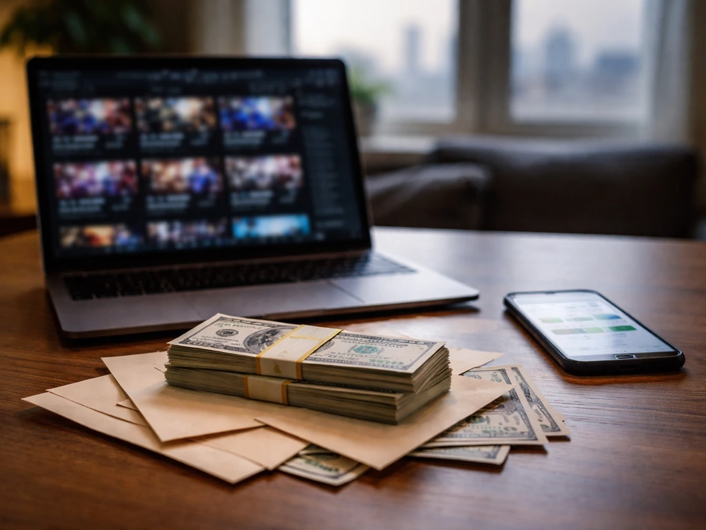 Minimal desk scene with cash and blurred devices symbolizing tournament prize earnings context