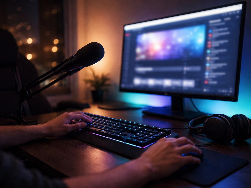 Anonymous gaming streaming setup with keyboard, mouse, headset, mic, and softly glowing monitor in a dark room