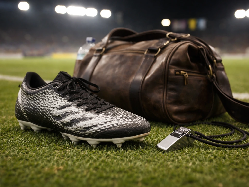 Football boot on green turf with whistle and duffel bag, stadium lights softly blurred in background.