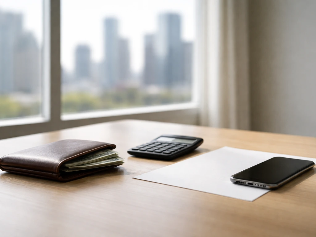 Minimal photo of a banker’s desk with cash, a calculator, and a blurred financial notebook representing a net worth rang