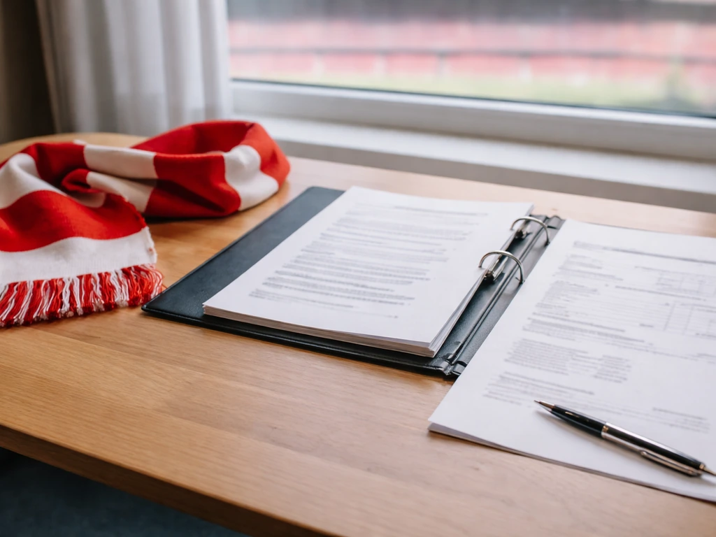 Close-up of blurred club contract and wage statement on a desk with a scarf, signaling salary/bonus reporting context.