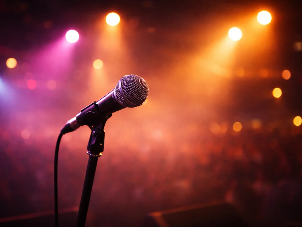 Candid concert microphone with soft stage lights and an empty backstage vibe