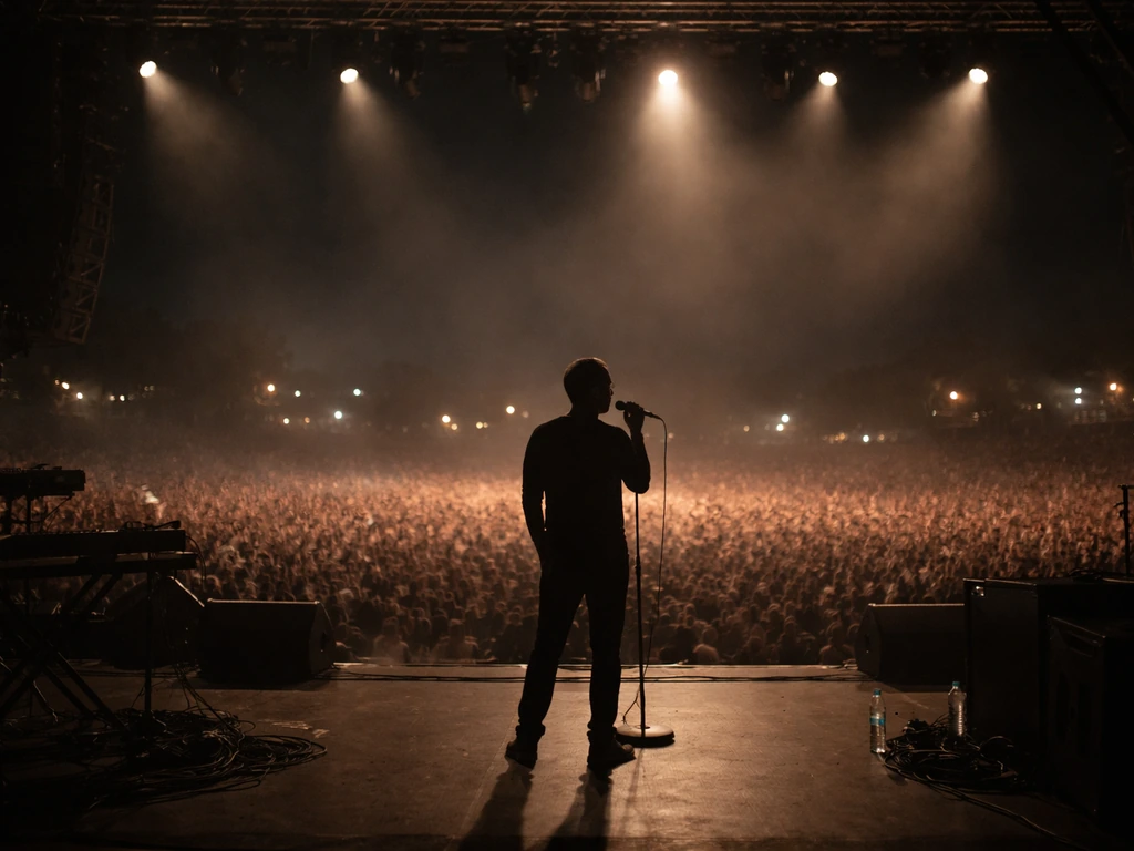 Silhouette performer under stage lights with a large crowd in a nighttime arena, emphasizing ticket sales scale
