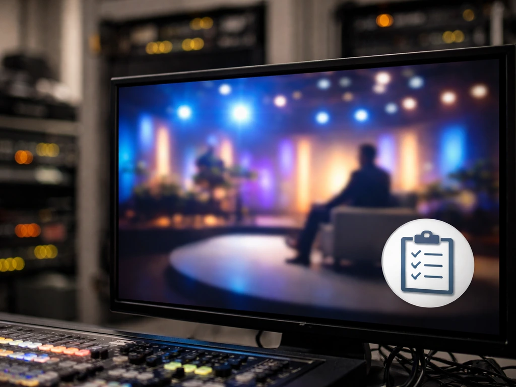 TV studio control room with a monitor showing a generic entertainment talk-show frame and media checklist icon.