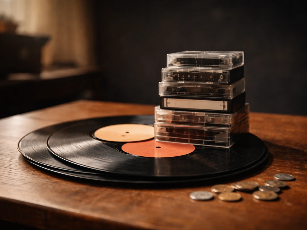 Vintage vinyl and cassette tapes on a desk with scattered coins, warm studio ambiance, no people.