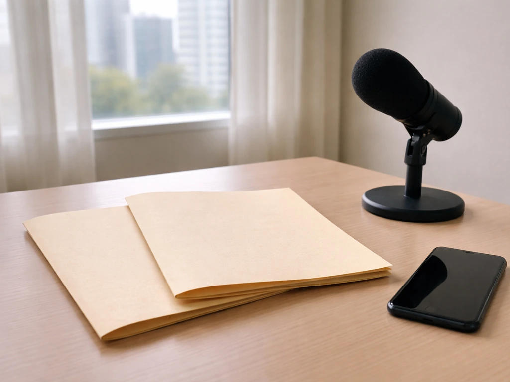 Minimal desk scene with two blank identification-style folders and a microphone, suggesting name confusion