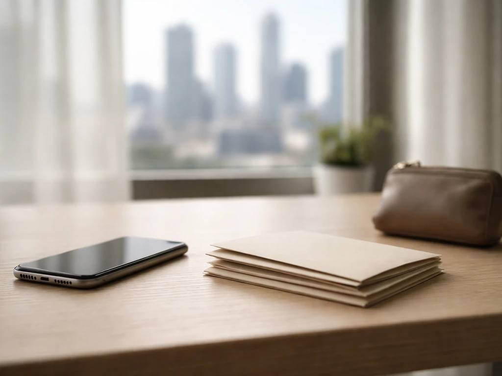 Minimal desk scene with smartphone and small wallet suggesting estimated net worth, no people or text.